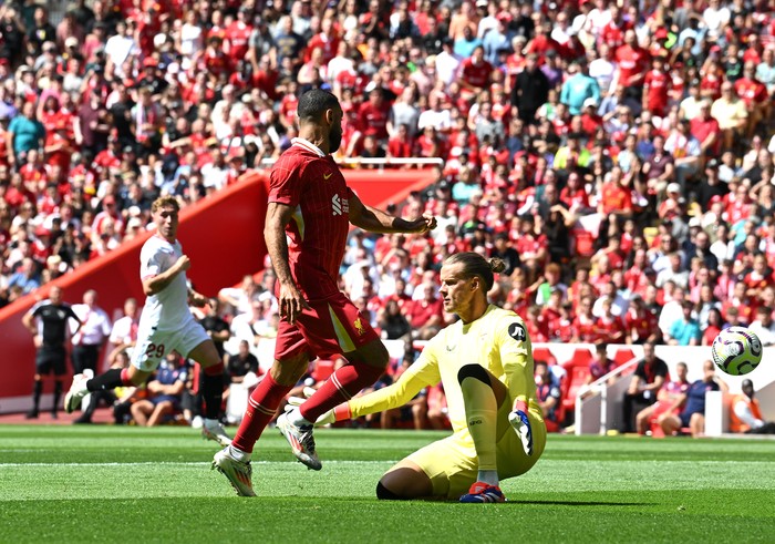 LIVERPOOL, ENGLAND - AUGUST 11: (THE SUN OUT, THE SUN ON SUNDAY OUT) Mohamed Salah of Liverpool during the pre-season friendly match between Liverpool and Sevilla at Anfield on August 11, 2024 in Liverpool, England. (Photo by John Powell/Liverpool FC via Getty Images)