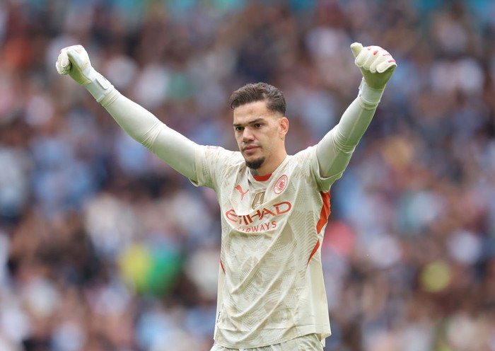 Ederson Ederson of Manchester City celebrates during the 2024 FA Community Shield match between Manchester United and Manchester City at Wembley Stadium on August 10, 2024 in London, England. (Photo by Catherine Ivill - AMA/Getty Images)