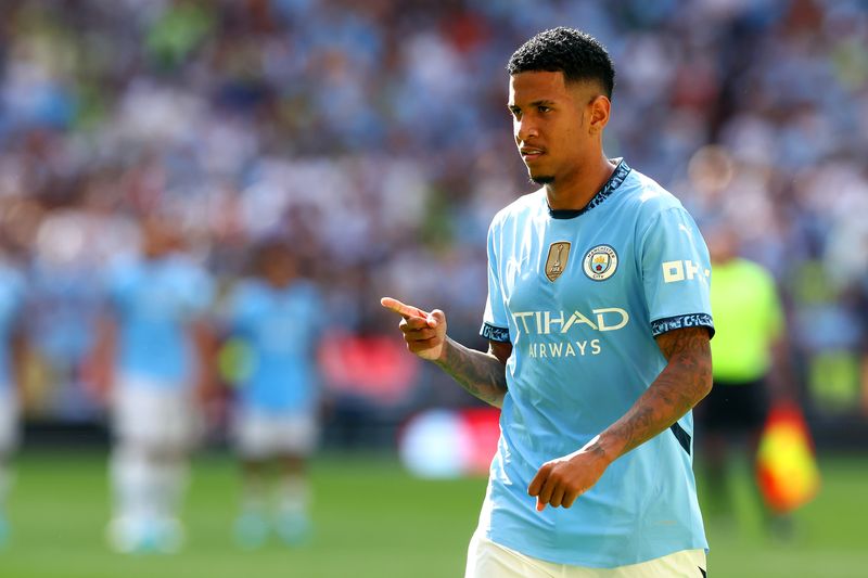  Savinho of Manchester City celebrates scoring in the penalty shoot-out following the 2024 FA Community Shield match between Manchester United and Manchester City  at Wembley Stadium on August 10, 2024 in London, England. (Photo by Chris Brunskill/Fantasista/Getty Images)