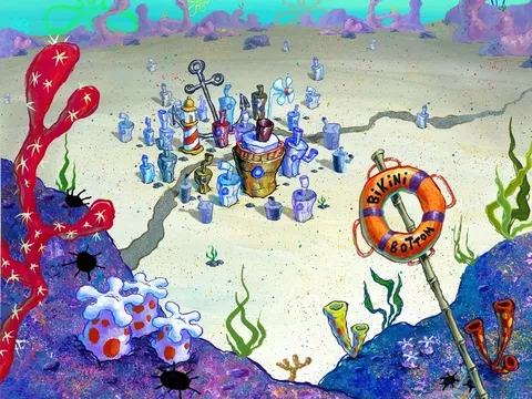 Bikini Bottom Bikini Bottom dalam serial SpongeBob SquarePants. (Nickelodeon Animation Studio via IMDb)
