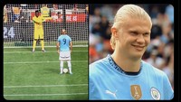 Ini aksi Onana yang dianggap gimik, saat berhadapan dengan striker Manchester City Erling Haaland. Seringai Haaland dilanjutkan dengan eksekusi penalti sukses. Foto: dok. Internet/X (Twitter)