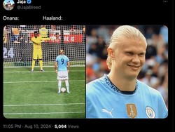 Ini aksi Onana yang dianggap gimik, saat berhadapan dengan striker Manchester City Erling Haaland. Seringai Haaland dilanjutkan dengan eksekusi penalti sukses. Foto: dok. Internet/X (Twitter)