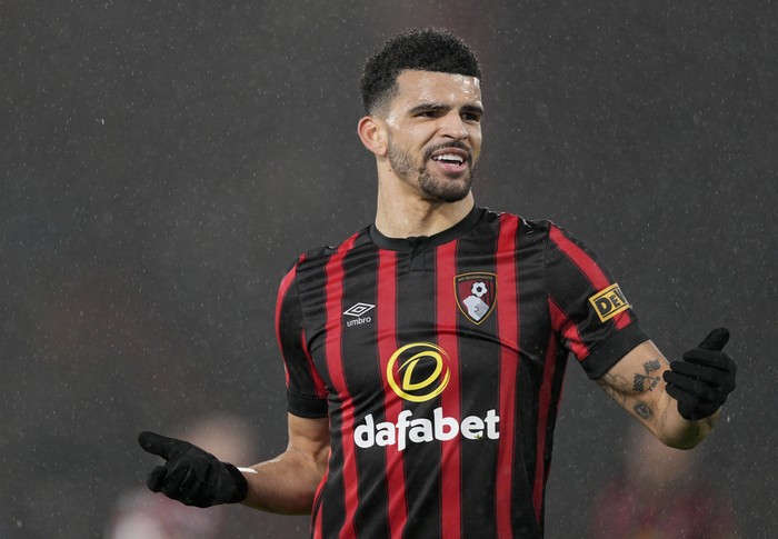 FILE - Bournemouth's Dominic Solanke reacts to a decision during the English Premier League soccer match between Bournemouth and Crystal Palace, at The Vitality Stadium in Bournemouth, England, on  April 2, 2024. Tottenham has completed the signing of striker Dominic Solanke from Premier League rival Bournemouth in a deal worth a reported 65 million pounds ($83 million).  (AP Photo/Dave Shopland)