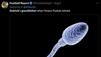 Banyak fans menuding Endrick berbohong soal itu, lantaran jauhnya usia dia dengan para idolanya. Seperti meme satu ini menggambarkan kakek Endrick belum lahir ketika Ferenc Puskas pensiun. (Foto: Twitter)