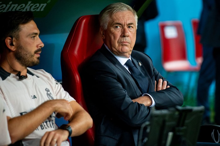 WARSAW, POLAND - AUGUST 14: Carlo Ancelotti of Real Madrid looks on during the UEFA Super Cup 2024 match between Real Madrid and Atalanta BC at National Stadium on August 14, 2024 in Warsaw, Poland. (Photo by Mateusz Slodkowski/Getty Images)