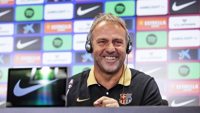 SANT JOAN DESPI, SPAIN - AUGUST 16: Hansi Flick, head coach of FC Barcelona attends a press conference before the Spanish League, La Liga EA Sports, football match against Valencia CF at Ciudad Esportiva Joan Gamper on August 16, 2024 in Sant Joan Despi, Barcelona, Spain. (Photo By Javier Borrego/Europa Press via Getty Images)