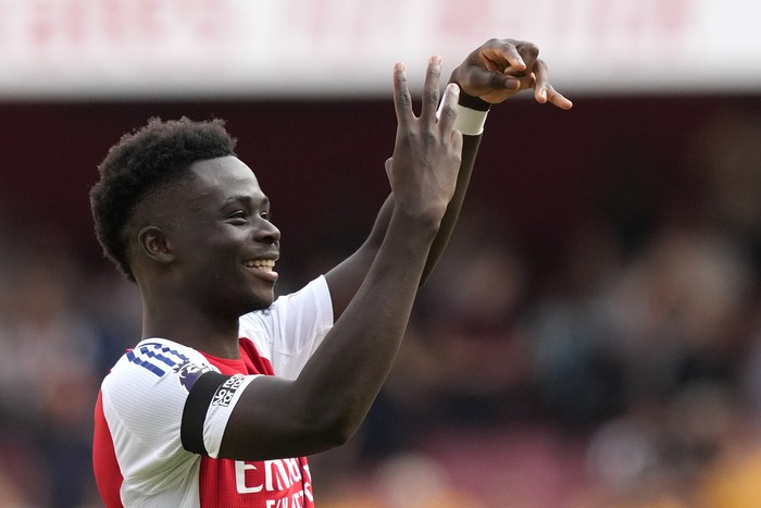 Arsenals Bukayo Saka reacts during the English Premier League soccer match between Arsenal and Wolverhampton Wanderers at Emirates Stadium in London, England, Saturday, Aug. 17, 2024. (AP Photo/Frank Augstein)