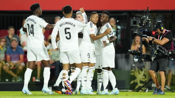 MALLORCA, SPAIN - AUGUST 18: Rodrygo Goes right winger of Real Madrid and Brazil celebrates after scoring his sides first goal during the La Liga match between RCD Mallorca and Real Madrid CF at Estadi de Son Moix on August 18, 2024 in Mallorca, Spain. (Photo by Jose Hernandez/Anadolu via Getty Images)