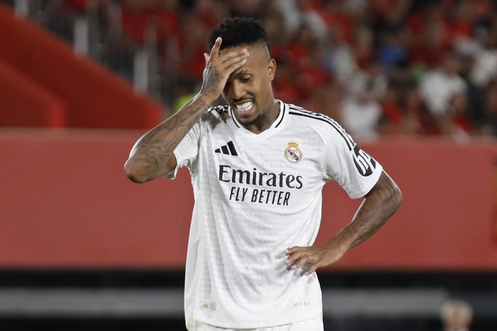 Real Madrids Eder Militao reacts during a Spanish La Liga soccer match between Mallorca and Real Madrid at the Son Moix Stadium in Palma de Mallorca, Spain, Sunday, Aug. 18, 2024. (AP Photo/Francisco Ubilla)