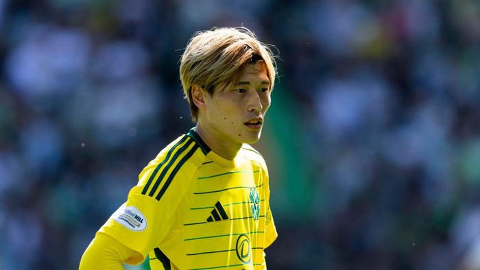 EDINBURGH, SCOTLAND - AUGUST 11: Celtics Kyogo Furuhashi in action during a William Hill Premiership match between Hibernian and Celtic at Easter Road, on August 11, 2024, in Edinburgh, Scotland. (Photo by Craig Foy/SNS Group via Getty Images)