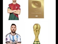Satu lagi meme yang menyenggol Messi: Ronaldo tidak mau kalah dengan trofi Piala Dunia Messi karena punya Golden Play Button YouTube! Foto: dok. Internet/X (Twitter)