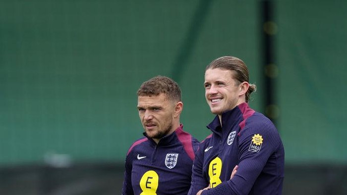 BLANKENHAIN, GERMANY - JULY 04: Kieran Trippier and Conor Gallagher of England react during a training session at Spa & Golf Resort Weimarer Land on July 04, 2024 in Blankenhain, Germany. (Photo by Eddie Keogh - The FA/The FA via Getty Images)