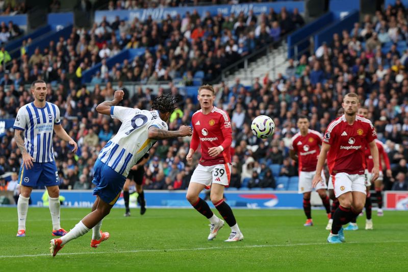  Joao Pedro of Brighton & Hove Albion scores his team's second goal during the Premier League match between Brighton & Hove Albion FC and Manchester United FC at Amex Stadium on August 24, 2024 in Brighton, England. (Photo by Eddie Keogh/Getty Images)