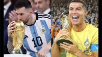 Sudah, fans Messi dan Ronaldo jangan pada ribut. Idolnya masing-masing sudah punya trofi yang (bentuknya) mirip kok! Foto: dok. Internet/X (Twitter)