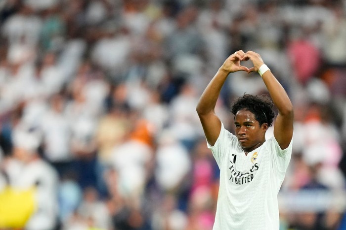 Endrick centre-forward of Real Madrid and Brazil celebrates victory after the La Liga match between Real Madrid CF and Real Valladolid CF at Estadio Santiago Bernabeu on August 25, 2024 in Madrid, Spain. (Photo by Jose Breton/Pics Action/NurPhoto via Getty Images)