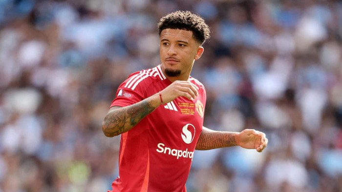 LONDON, ENGLAND - AUGUST 10: Jadon Sancho of Manchester United in action during the 2024 FA Community Shield match between Manchester United and Manchester City  at Wembley Stadium on August 10, 2024 in London, England. (Photo by Neal Simpson/Sportsphoto/Allstar via Getty Images)