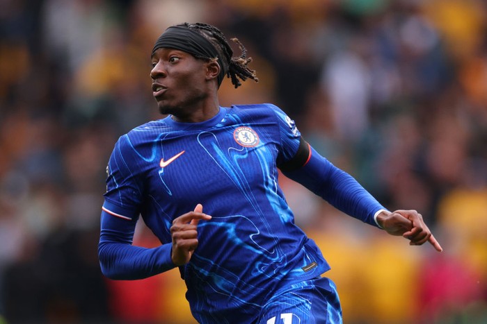  Noni Madueke of Chelsea during the Premier League match between Wolverhampton Wanderers FC and Chelsea FC at Molineux on August 25, 2024 in Wolverhampton, England. (Photo by Marc Atkins/Getty Images)