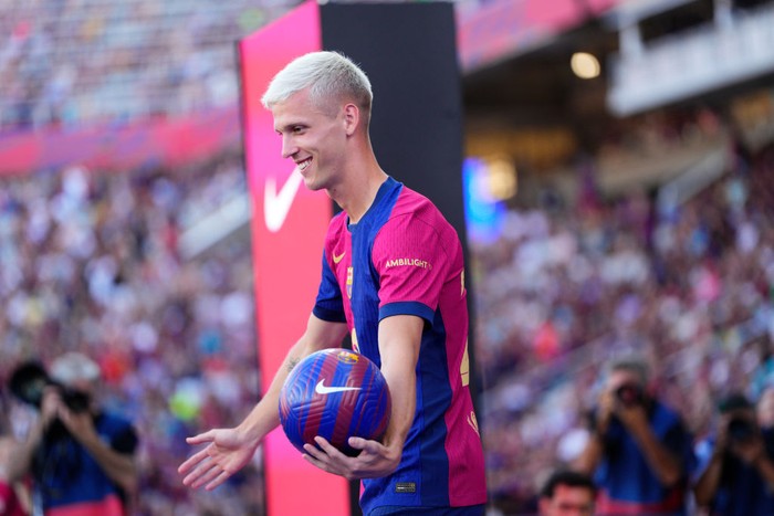 Dani Olmo Dani Olmo attacking midfieldof Barcelona and Spain durint the Joan Gmaper Trophy match between FC Barcelona and AS Monaco at Estadi Olimpic Lluis Companys on August 12, 2024 in Barcelona, Spain. (Photo by Jose Breton/Pics Action/NurPhoto via Getty Images)
