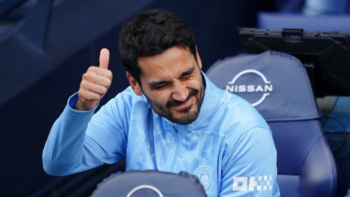 Manchester Citys Ilkay Gundogan gestures on the bench ahead of the Premier League match at the Etihad Stadium, Manchester. Picture date: Saturday August 24, 2024. (Photo by Peter Byrne/PA Images via Getty Images)