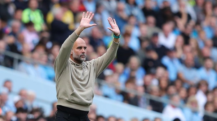 MANCHESTER, ENGLAND - AUGUST 24: Josep Pep Guardiola, manager of Manchester City,  during the Premier League match between Manchester City FC and Ipswich Town FC at Etihad Stadium on August 24, 2024 in Manchester, England. (Photo by James Gill - Danehouse/Getty Images)