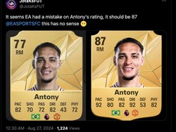 Salah satu meme soal Antony disebut layak dapat rating tinggi di EA FC 24. Foto: dok. Internet/X (Twitter)