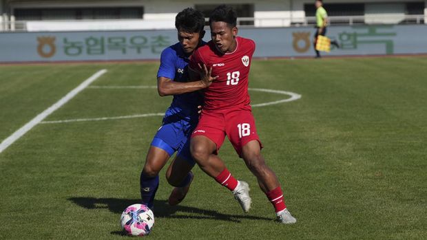Tim U-20 Indonesia harus mengakui keunggulan 0-2 dari Thailand di laga kedua mereka pada ajang Seoul Earth On Us Cup 2024 di Stadion Mokdong, Korea Selatan, Jumat (30/8). (PSSI)