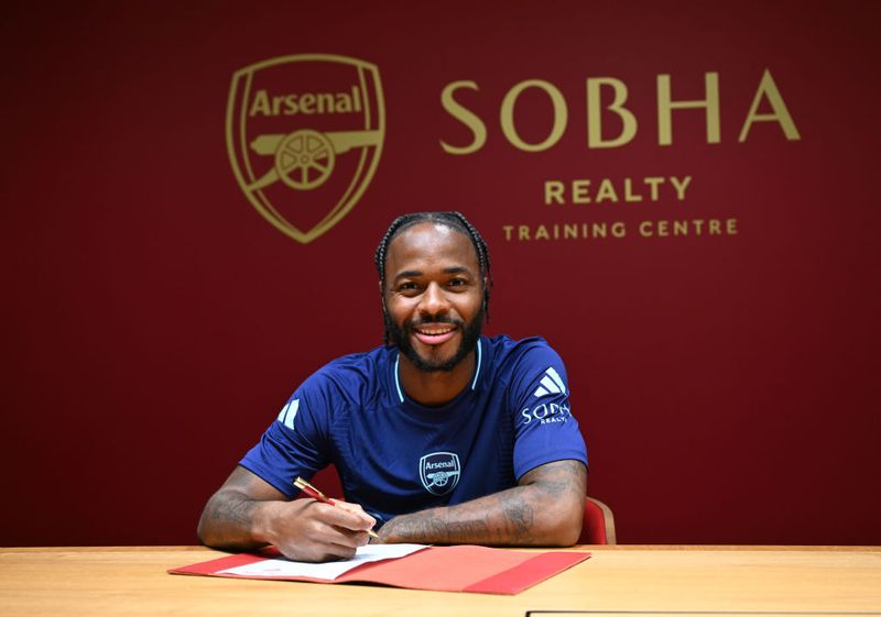  Arsenal unveil new signing Raheem Sterling at Sobha Realty Training Centre on August 30, 2024 in London Colney, England. (Photo by Stuart MacFarlane/Arsenal FC via Getty Images)