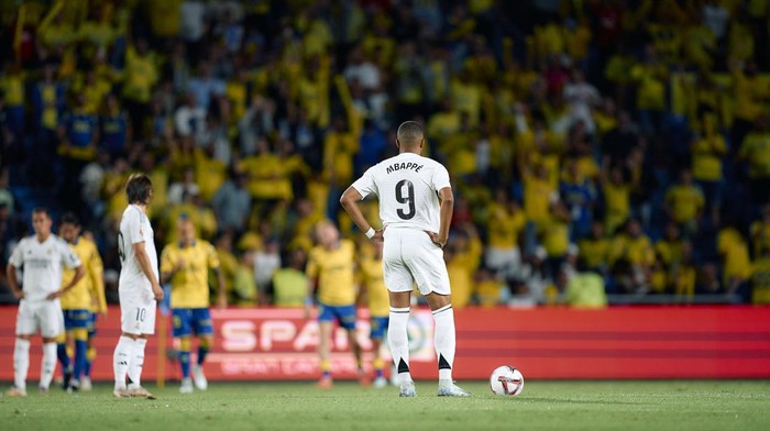 LAS PALMAS, SPAIN - AUGUST 28: Kylian Mbappe of Real Madrid CF reacts during the La Liga match between UD Las Palmas and Real Madrid CF at Estadio Gran Canaria on August 28, 2024 in Las Palmas, Spain. (Photo by Gabriel Jimenez/Quality Sport Images/Getty Images)