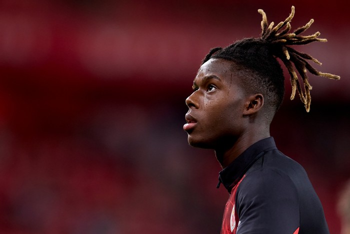 BILBAO, SPAIN - AUGUST 31: Nico Williams of Athletic Club looks on before the La Liga EA Sports match between Athletic Club and Club Atletico de Madrid at Estadio de San Mames on August 31, 2024 in Bilbao, Spain. (Photo by Ion Alcoba Beitia/Getty Images)