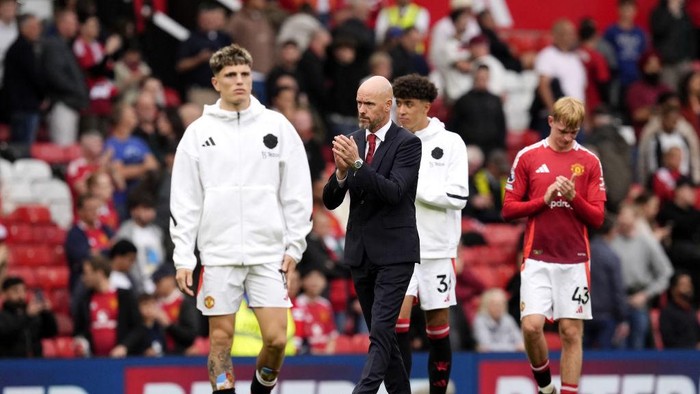 Manchester United manager Erik ten Hag (centre) applauds the fans at the end of the match during the Premier League match at Old Trafford, Manchester. Picture date: Sunday September 1, 2024. (Photo by Nick Potts/PA Images via Getty Images)