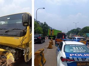 Diduga Rem Blong, Truk Tabrak Beton Pembatas di Rest Area Tol Jagorawi