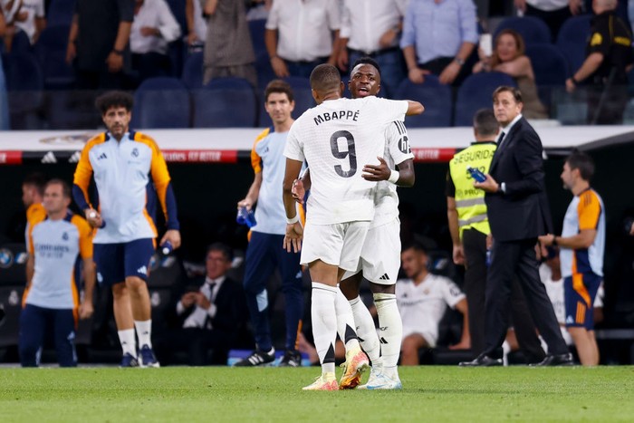 MADRID, SPAIN - SEPTEMBER 01: Kylian Mbappe of Real Madrid celebrates a goal during the Spanish League, LaLiga EA Sports, football match played between Real Madrid and Real Betis Balompie at Santiago Bernabeu stadium on September 01, 2024, in Madrid, Spain. (Photo By Dennis Agyeman/Europa Press via Getty Images)