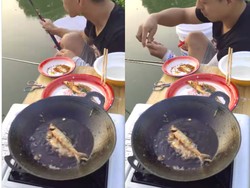 Tak Sabar! Pria Ini Mancing Dapat Ikan Langsung Digoreng