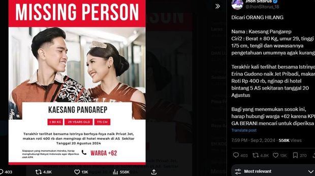 Kaesang dicari KPK, netizen bikin poster orang hilang