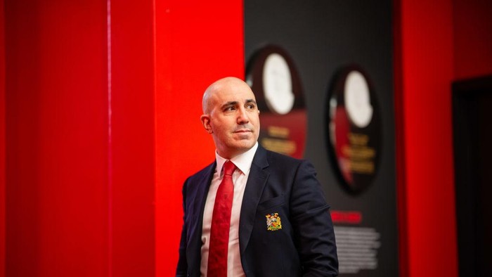 MANCHESTER, ENGLAND - AUGUST 16:  Manchester United CEO Omar Berrada arrives prior to the Premier League match between Manchester United FC and Fulham FC at Old Trafford on August 16, 2024 in Manchester, United Kingdom. (Photo by Ash Donelon/Manchester United via Getty Images)