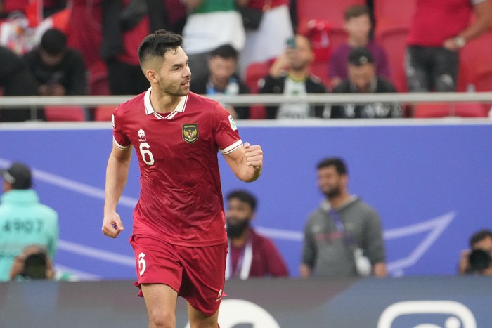 DOHA, QATAR - JANUARY 24: Sandy Walsh of Indonesia celebrates the first goal during the AFC Asian Cup Group D match between Japan and Indonesia at Al Thumama Stadium on January 24, 2024 in Doha, Qatar. (Photo by Masashi Hara/Getty Images)