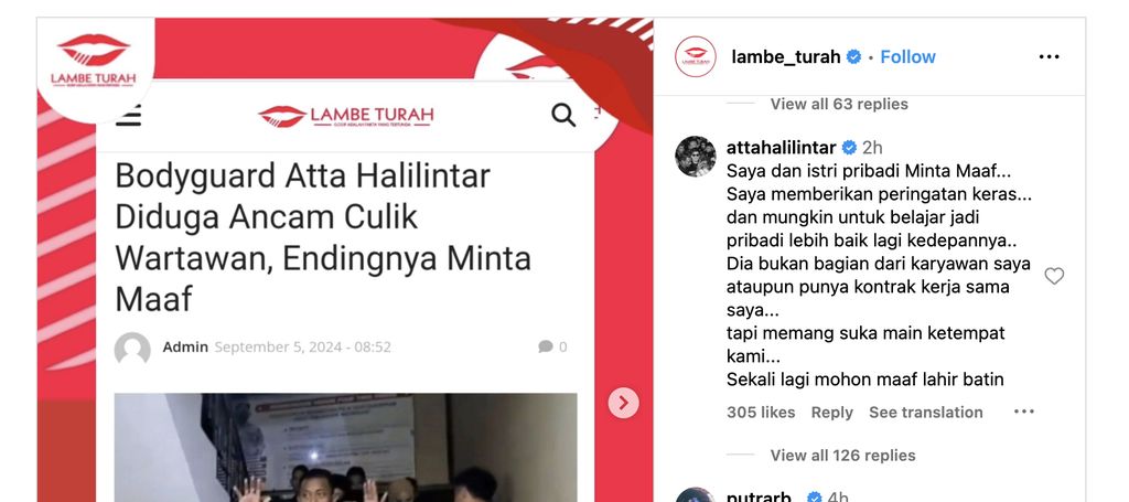 Atta Halilintar meminta maaf setelah salah satu orang yang bersama rombongannya di Polres Jakarta Selatan mengancam menculik wartawan yang melakukan tugas liputan.