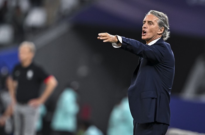 Head Coach Roberto Mancini of Saudi Arabia is reacting during the AFC Asian Cup 2023 round of 16 match between Saudi Arabia and South Korea at Education City Stadium in Al Rayyan, Qatar, on January 30, 2023. (Photo by Noushad Thekkayil/NurPhoto via Getty Images)
