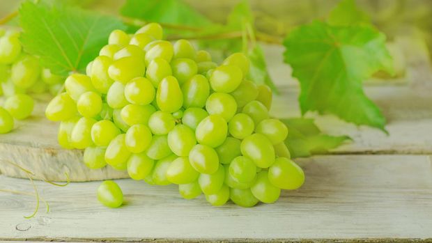 White wine grapes. Grapes on a wooden table. Sweet green grape over the wooden background