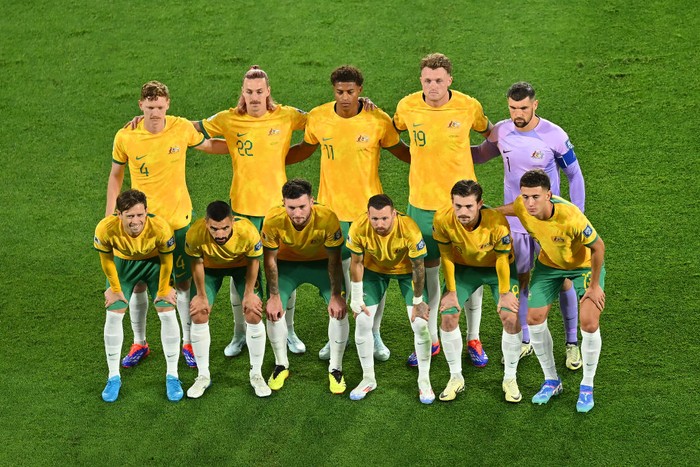 GOLD COAST, AUSTRALIA - SEPTEMBER 05: Australia pose for a team photo before the round three 2026 FIFA World Cup AFC Asian Qualifier match between Australia Socceroos and Bahrain at Robina Stadium on September 05, 2024 in Gold Coast, Australia. (Photo by Albert Perez/Getty Images)