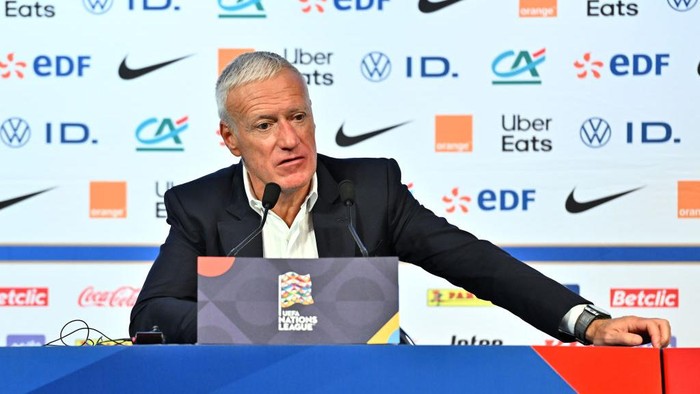 PARIS, FRANCE - SEPTEMBER 06: Didier Deschamps, Head Coach of France, reacts as he speaks to the media in a post match press conference after the UEFA Nations League 2024/25 League A Group A2 match between France and Italy at Parc des Princes on September 06, 2024 in Paris, France. (Photo by Franco Arland - UEFA/UEFA via Getty Images)