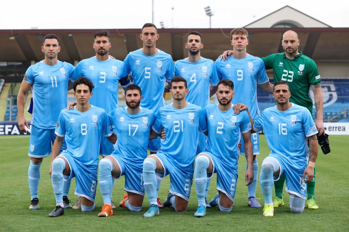 SAN MARINO, SAN MARINO - JUNE 05: The San Marino starting eleven line up for a team photo, back row ( L to R ); Dante Rossi, Mirko Palazzi, Michele Cevoli, Luca Ceccaroli, Nicola Nanni and Elia Benedettini, front row ( L to R ); Michael Battistini, Alessandro Golinucci, Lorenzo Lunadei, Alessandro DAddario and Danilo Rinaldi, prior to kick off in the UEFA Nations League League D Group 2 match between San Marino and Malta at San Marino Stadium on June 05, 2022 in San Marino, San Marino. (Photo by Jonathan Moscrop/Getty Images)