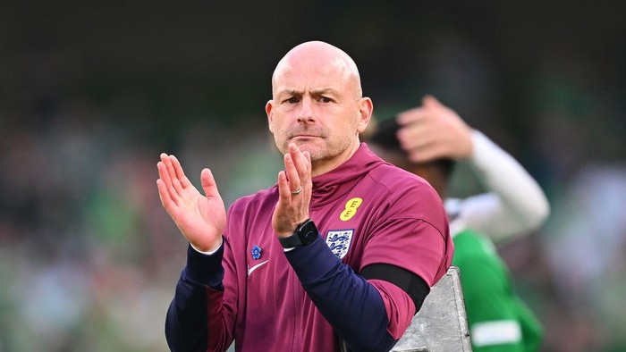 DUBLIN, IRELAND - SEPTEMBER 07: Lee Carsley, Interim Head Coach of England applauds the fans following the teams victory during the UEFA Nations League 2024/25 League B Group B2 match between Republic of Ireland and England at Aviva Stadium on September 07, 2024 in Dublin, Ireland. (Photo by Michael Regan - The FA/The FA via Getty Images)
