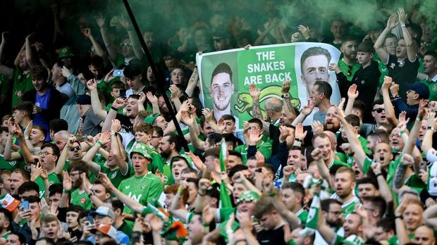 Dublin , Ireland - 7 September 2024; Republic of Ireland supporters during the UEFA Nations League B match between Republic of Ireland and England at Aviva Stadium in Dublin. (Photo By David Fitzgerald/Sportsfile via Getty Images)