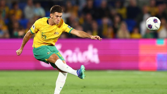 GOLD COAST, AUSTRALIA - SEPTEMBER 05: Alessandro Circati of Australia kicks the ball during the round three 2026 FIFA World Cup AFC Asian Qualifier match between Australia Socceroos and Bahrain at Robina Stadium on September 05, 2024 in Gold Coast, Australia. (Photo by Chris Hyde/Getty Images)