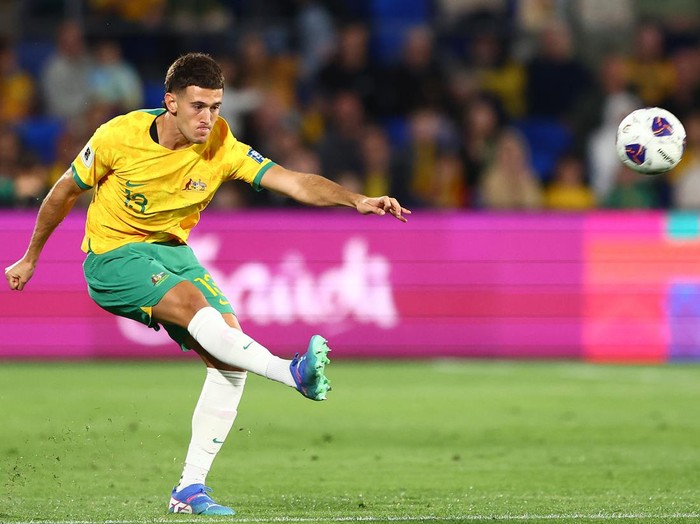 GOLD COAST, AUSTRALIA - SEPTEMBER 05: Alessandro Circati of Australia kicks the ball during the round three 2026 FIFA World Cup AFC Asian Qualifier match between Australia Socceroos and Bahrain at Robina Stadium on September 05, 2024 in Gold Coast, Australia. (Photo by Chris Hyde/Getty Images)