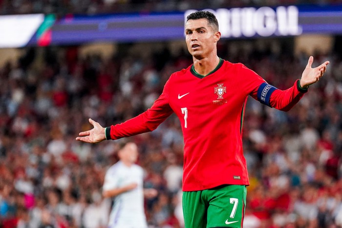LISBON, PORTUGAL - SEPTEMBER 08: Cristiano Ronaldo of Portugal gestures during the UEFA Nations League 2024/25 League A Group A1 match between Portugal and Scotland at Estadio do SL Benfica on September 8, 2024 in Lisbon, Portugal. (Photo by Rene Nijhuis/MB Media/Getty Images)