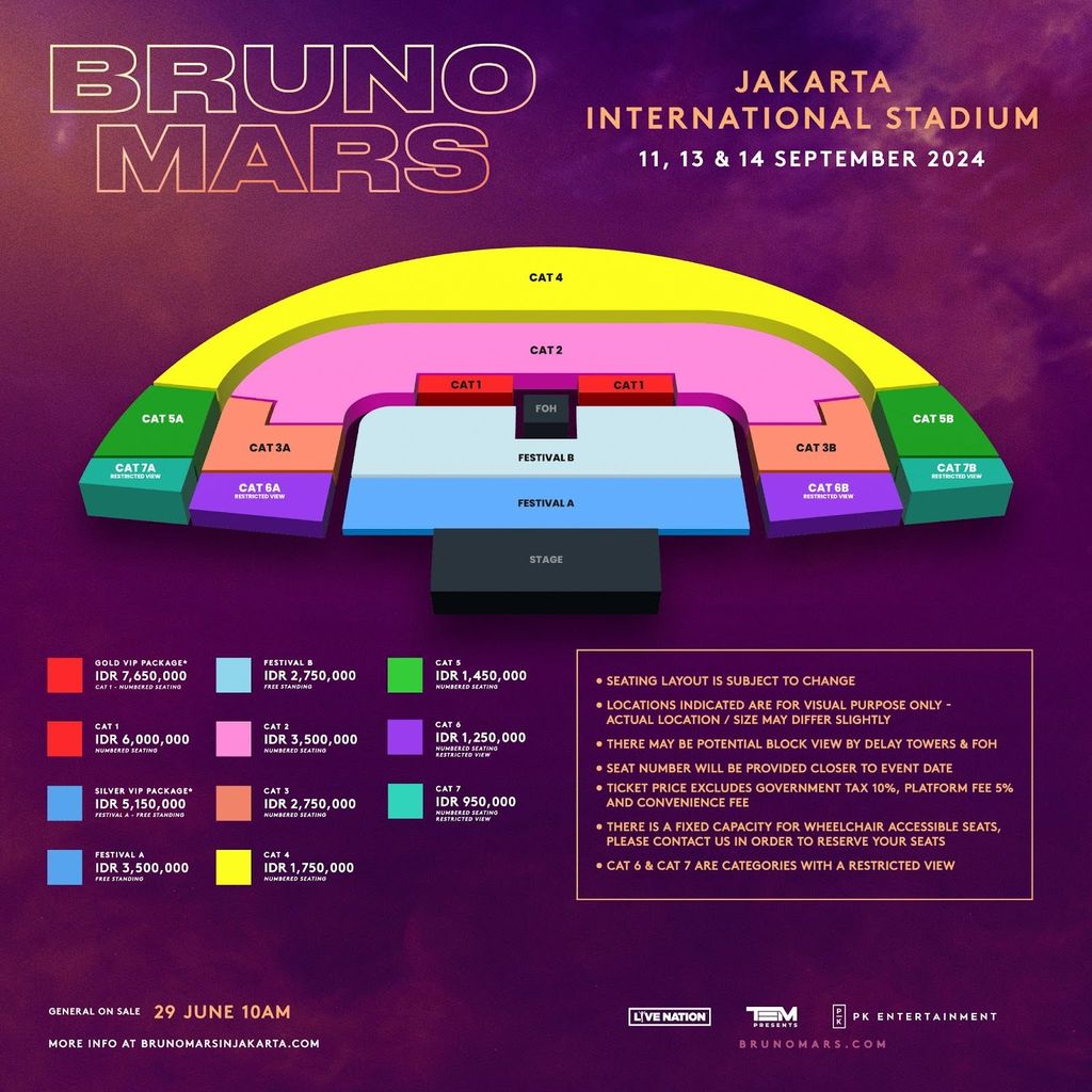 Detail seating plan dan harga tiket konser Bruno Mars di Jakarta