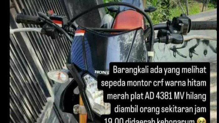 Pencurian di Klaten Foto motor trail milik korban yang dibawa kabur pelaku di Kebonarum, Klaten. Foto diunggah Selasa (10/9/2024).