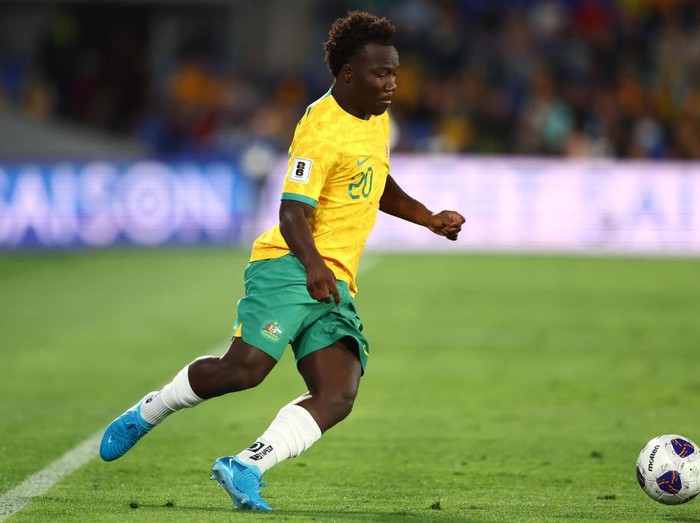 GOLD COAST, AUSTRALIA - SEPTEMBER 05: Nestory Irankunda of Australia controls the ball during the round three 2026 FIFA World Cup AFC Asian Qualifier match between Australia Socceroos and Bahrain at Robina Stadium on September 05, 2024 in Gold Coast, Australia. (Photo by Chris Hyde/Getty Images)